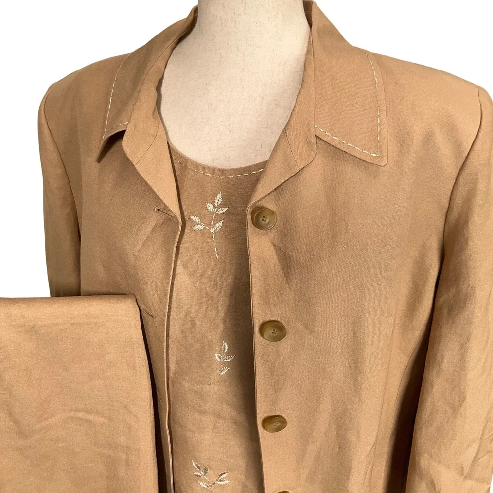 Kasper‎ 3 Pc Pant Suit Women 18 Tan Embroidered Career Lightweight Linen Summer